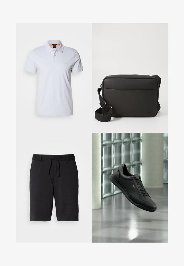 Camisa polo blanca con cuello, mangas cortas y un sutil parche de logo. Fabricada en algodón, presenta una textura suave y un diseño clásico.; Pantalones cortos negros con un patrón texturizado, cinturilla elástica y cordón ajustable para un mejor ajuste. Longitud hasta el medio muslo, diseño simple sin bolsillos visibles.; Zapatilla deportiva de cuero negro con diseño de cordones y logo "BOSS", suspendida en el aire frente a una pared de bloques de vidrio y suelo de hormigón pulido.; Bandolera negra hecha de tejido texturizado, con cierre de cremallera, correa ajustable y logotipo en relieve en el panel frontal.