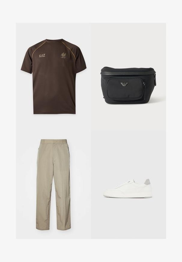 Mørkebrun kortærmet sportst-shirt med gule kanter på skuldrene, EA7 Emporio Armani logo på venstre bryst og Milano Italia-emblem på højre bryst.; Beige letvægtsbukser med en afslappet pasform, der har en elastisk talje og sidelommer. Stoffet ser tekstureret og let krøllet ud.; Hvid lavtop-sneaker med gråt hælflig, hvide snørebånd og tekstureret sål, vist på en ensfarvet lys baggrund.; Sort bæltetaske med frontlynlåslomme og sølv ørn-logo, glat stof med tekstureret kant og lynlåstræk.