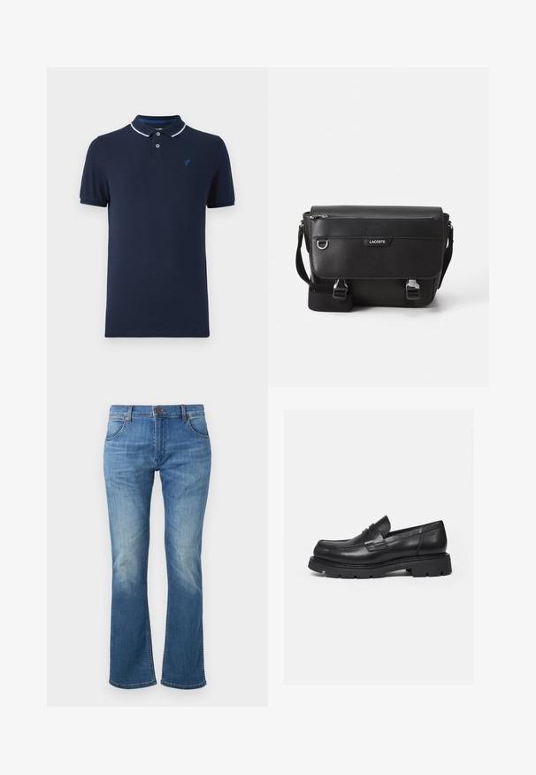 Marineblå polo t-shirt lavet af bomuld, med krave, to knapper i placket, korte ærmer og et lille logo på brystet.; Blå denimjeans med en let udvidet ben, frontlukning med knapper og lynlås samt falmning på lår og knæ.; Sort læderloafer med tyk rillede sål og penny-remdetalje, vist i højre sideprofil på hvid baggrund.; Sort tekstureret Lacoste messengertaske med justerbar rem, frontklap, lynlås lomme og metalspænder.
