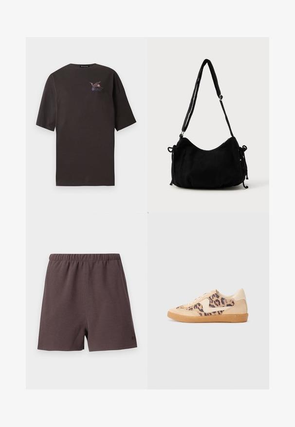 Sort oversized T-shirt med korte ærmer, der har en lille lyserød kran og teksten "Sakura" på øverste venstre bryst.; Mørkebrune shorts lavet af tekstureret, vævet stof. Har en elastisk talje og en lille logo accent på nederste højre side.; Leopardprint sneakers med beige ruskindsoverdel, tan gummisål og hvide detaljer. Rund pegefinger og snørebåndsdesign med en tekstureret finish.; Sort kordfløjls skuldertaske med en buet form, justerbar strop og snorelukninger på begge sider til størrelsejustering.