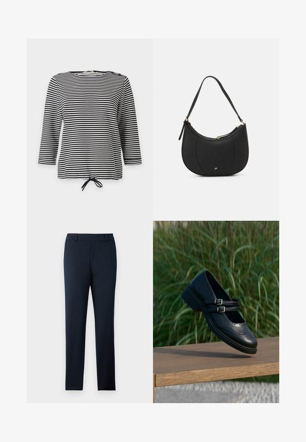 Haut rayé noir et blanc, avec des manches trois-quarts et un ourlet à cordon de serrage, fabriqué en tissu doux avec une coupe décontractée.; Pantalons bleu marine en tissu doux et extensible. Dotés d'un devant plat, de passants de ceinture et d'un design à jambe slim et effilée.; Chaussure Mary Jane en cuir noir avec doubles brides bouclées et détails brogue, flottant au-dessus d'un banc en bois avec en arrière-plan de l'herbe verte.; Sac à main en cuir noir avec une forme courbée, surface texturée, coutures avant et un logo doré. Il est doté d'une seule sangle ajustable.