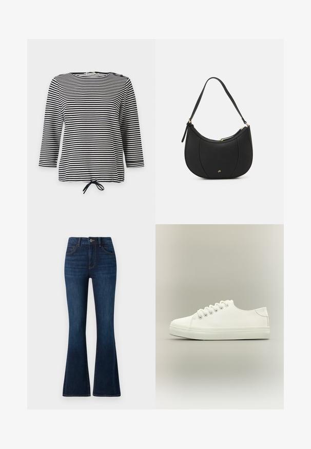 Haut rayé noir et blanc, avec des manches trois-quarts et un ourlet à cordon de serrage, fabriqué en tissu doux avec une coupe décontractée.; TOM TAILOR STELLA denim bleu foncé; Baskets basses blanches avec lacets blancs et semelle en caoutchouc, vues de côté sur un fond neutre.; Sac à main en cuir noir avec une forme courbée, surface texturée, coutures avant et un logo doré. Il est doté d'une seule sangle ajustable.