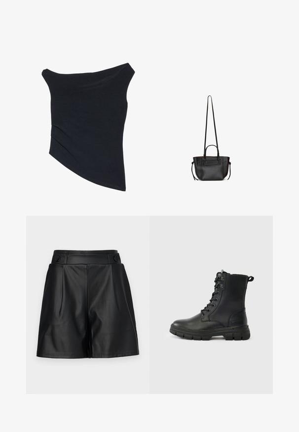 Haut noir, décolleté asymétrique, avec une coupe ajustée, un ourlet asymétrique et une texture douce et lisse. Il met en valeur un tissu froncé au niveau du col.; Shorts en simili cuir noir avec un devant plissé, des jambes larges et des détails en boutons sur la taille. Texture lisse, design soigné.; Bottes en cuir noir à lacets avec un bout rond, une semelle en caoutchouc robuste et une languette à l'arrière. Caractéristiques : œillets métalliques et détails de coutures.; Sac à main en cuir noir avec deux poignées, une longue bandoulière réglable et des détails à cordon de serrage de chaque côté.