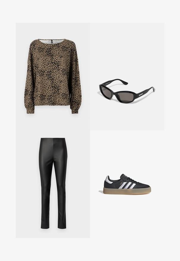 Blusa de manga larga con estampado de leopardo en marrón y negro, con un cuello redondo y puños de manga fruncidos, fabricada en un tejido suave y texturizado.; Mallas de cuero sintético negro con un diseño elegante y ajustado, que cuentan con una cinturilla elástica y sin hardware o adornos visibles.; Zapatilla deportiva de cuero negro con tres rayas plateadas, punta texturizada y suela de goma. Cuenta con un collar acolchado y un diseño con cordones.; Gafas de sol negras con montura rectangular, lentes oscuros, material de plástico suave y un acento metálico en la patilla.