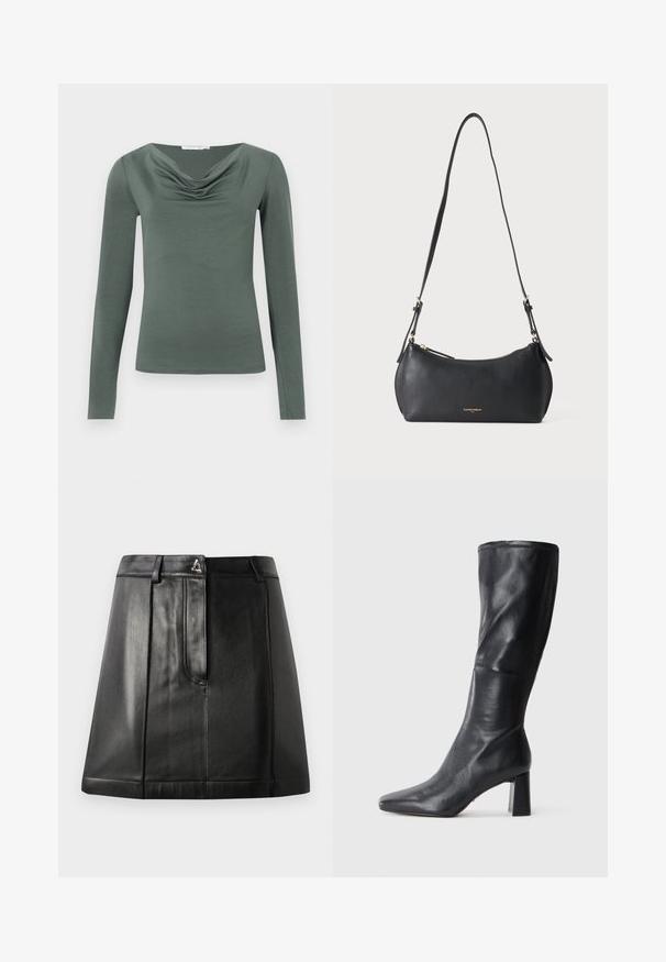 Langarmshirt van gedempt groene stof met een gedrapeerde halslijn. Het heeft een getailleerde vorm en een zachte textuur, geschikt voor casual wear.; Zwarte leren rok met een gestructureerde vorm, voorzien van een voorkantzak en een metalen accent op de taille. Gladde textuur en gestikte details.; Zwarte leren kniehoge laars met een spitse neus en een chunky hak. Gladde textuur met een gestroomlijnd ontwerp en subtiele stikdetails.; Kleine zwarte leren schoudertas met verstelbare band en gouden rits, met subtiele gouden merktekst aan de voorkant.