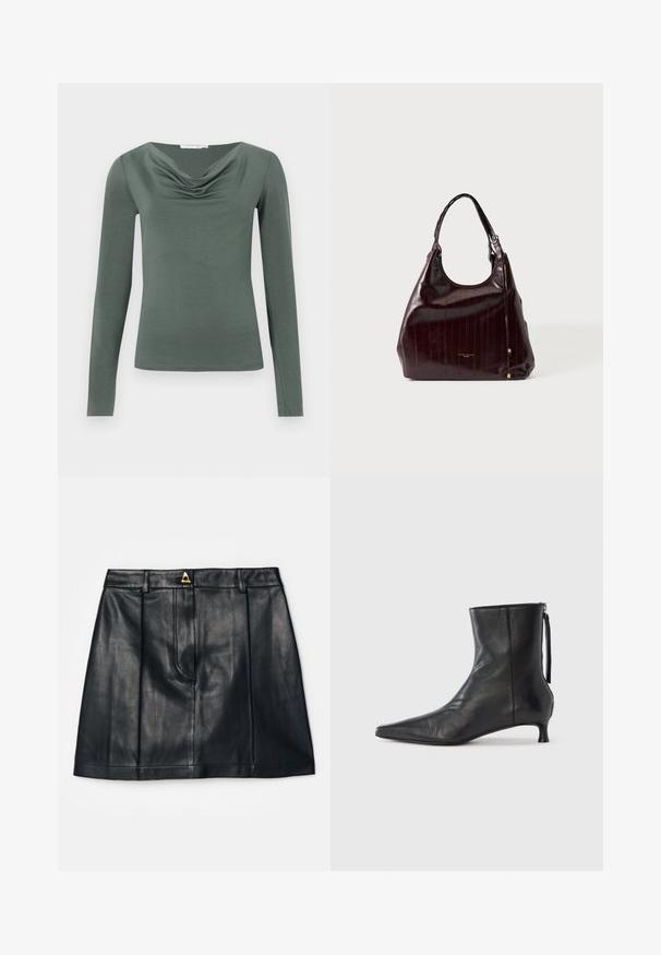 Langärmliges Oberteil aus sanft grünem Stoff mit schicker Drapierung am Ausschnitt. Es hat eine figurbetonte Passform und eine glatte Textur, ideal für lässige Kleidung.; AERON RUDENS SKIRT - A-Linien-Rock - black; Schwarzer Leder-Stiefelette mit spitz zulaufender Spitze, strukturierter Form und niedrigem Absatz. Verfügt über einen Seitenreißverschluss und ein minimalistisches Design.; Dunkelbraune glänzende Ledertasche mit einem einzelnen Griff und dezenten vertikalen Präge-Streifen, gezeigt vor einem schlichten hellen Hintergrund.