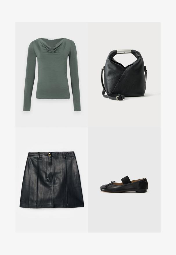 Top de manga larga en tejido verde apagado con un escote drapeado. Presenta una forma ajustada y una textura suave, adecuada para el uso casual.; AERON RUDENS SKIRT - Falda acampanada - black; Bailarinas de cuero negro con punta redondeada, un pequeño detalle de nudo y una correa elástica en el empeine para un ajuste seguro. Suela plana.; Bolso de mano de cuero negro texturizado con un asa superior enrollada que presenta una barra metálica y una correa de hombro ajustable con hebilla.