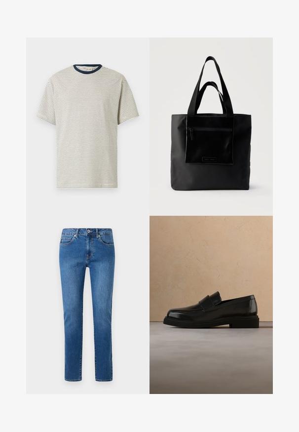 T-shirt blanc à manches courtes avec de fines rayures horizontales noires et un col rond uni bleu marine foncé.; Jean en denim bleu avec une coupe droite, style cinq poches et taille à bouton. Comprend des détails de couture le long des coutures.; Mocassin en cuir noir flottant au-dessus d'un tapis beige texturé, avec une table basse ronde en bois et des livres en arrière-plan.; Sac cabas noir avec poche zippée à l'avant et double poignée, posé sur un fond clair uni.