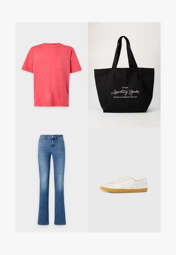 Schlichtes helles korallenrosa T-Shirt mit kurzen Ärmeln und Rundhalsausschnitt in regulärer Passform auf weißem Hintergrund.; ONLY ONLWAUW MID WAIST - Jeans Slim Fit - medium blue denim; Weißer Ledersneaker mit glatter Textur, beigefarbenem „V“-Logo, rundem Zehenbereich, Schnürdesign und einer Sohle aus Gummireifen.; Schwarze Canvas-Shopper-Tasche mit zwei robusten Griffen. Mit weißem Text: "LES DEUX Sporting Goods" und "Inspiriert von der Gemeinschaft seit 2011."