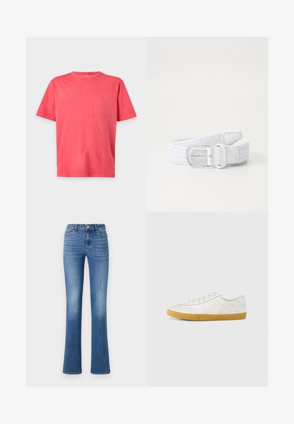 Schlichtes helles korallenrosa T-Shirt mit kurzen Ärmeln und Rundhalsausschnitt in regulärer Passform auf weißem Hintergrund.; ONLY ONLWAUW MID WAIST - Jeans Slim Fit - medium blue denim; Weißer Ledersneaker mit glatter Textur, beigefarbenem „V“-Logo, rundem Zehenbereich, Schnürdesign und einer Sohle aus Gummireifen.; Weißer geflochtener Gürtel aus elastischem Material, mit einer silbernen Metallschnalle und Lederakzenten, glatter Textur und flexibler Bauweise.