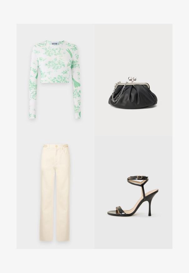 Hvid langærmet crop top med et grønt blomstermønster, logo-detaljer og et blødt, strækbart stof. Rund halsudskæring og tætsiddende design.; Rabanne Jeans Straight Leg - off white denim; Sorte patentlæder højhælede sandaler med tynd ankelrem og spænde, åben tå og slank stiletto hæl på hvid baggrund.; Sort læder clutch med samlet tekstur, sølvfarvet metalramme, kys-lås lukning og kædestrop. Glat, blød overflade.