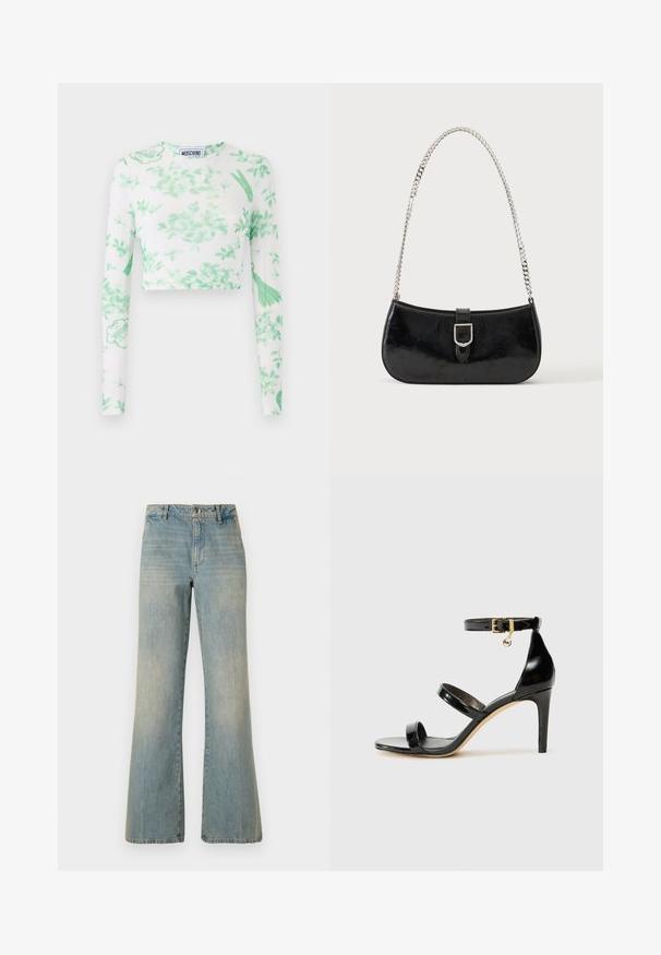 Biely dlhý rukáv crop top s zeleným kvetinovým vzorom, detailami loga a mäkkou, elastickou tkaninou. Okrúhly výstrih a štíhly strih.; Svetlomodré rifľové nohavice s širokými nohavicami a vysokým pásom, zapínanie na gombík a vyblednutou textúrou. Obsahuje klasický dizajn s piatimi vreckami a priame nohavice.; Čierne lakované sandále s tromi pásikmi, spona na členku a 10 cm ihlovým podpätkom. Obsahujú zlaté detaily s hardwarem a logo prívesok.; Čierna lakovaná kožená kabelka na rameno so striebornou prackou a strieborným reťazovým remienkom, zobrazená na jednofarebnom svetlom pozadí.