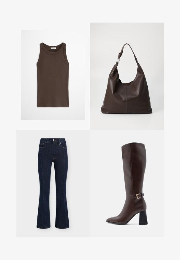 Débardeur marron foncé ajusté sans manches avec encolure ronde, présenté sur un fond clair uni.; Jean en denim bleu foncé taille haute avec poches avant et arrière, fermeture par bouton et fermeture éclair, et légère évasure aux jambes.; Bottines en cuir marron, montantes au genou, avec un bout pointu, un talon bloc et un accent en boucle dorée sur le côté. Texture lisse et design élégant.; Zign by Zalando LEATHER - Cabas - chocolate brown