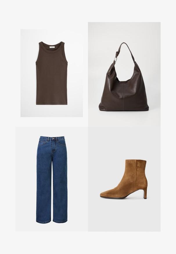 Mørkebrun ærmeløs tætsiddende tanktop med rund halsudskæring, vist mod en ensfarvet lys baggrund.; Mørkeblå denim bukser med bred benvidde og høj talje, der har knaplukning, bæltestropper samt for- og baglommer. Glat tekstur.; Brune ruskinds ankelstøvle med spids tå og slank hæl i mellem højde, set fra siden på en ensfarvet hvid baggrund.; Zign by Zalando LEATHER - Shopping bags - chocolate brown