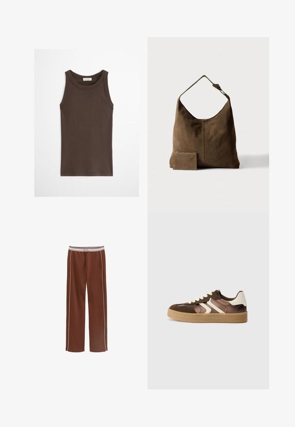 Camiseta sin mangas ajustada de color marrón oscuro con escote redondo, mostrada sobre un fondo claro y liso.; Pantalones marrones de pierna ancha con ribete lateral blanco y una cintura elástica blanca con rayas beige y la marca "Marc O'Polo".; Zapatillas marrones y crema con una combinación de materiales de ante y satén, que presentan tres rayas diagonales y una suela de goma texturizada.; Bolso de hombro de ante marrón con correa ajustable y pequeño bolso con cremallera a juego colocado en primer plano sobre un fondo liso.