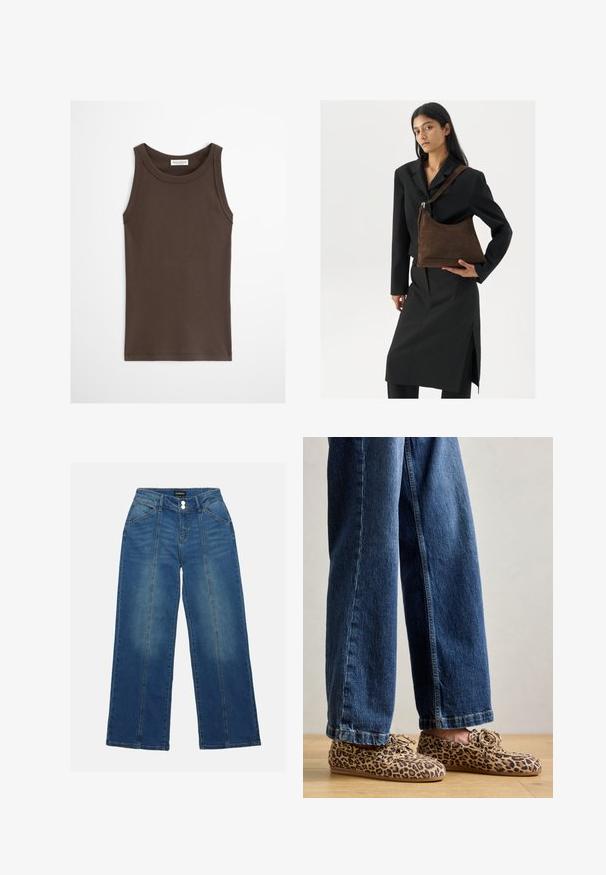 Mørkebrun ærmeløs tætsiddende tanktop med rund halsudskæring, vist mod en ensfarvet lys baggrund.; Bredde ben blå denim jeans med høj talje, der har to knapper, forlommer og kontrasterende sømme foran.; Læderloafers med leopardmønster, lavet af ruskind, med rund tå, snøre-design og flade, fleksible såler, parret med blå denim jeans.; Kvinde iført en sort blazer og nederdel, som holder en stor mørkebrun suedetaske mod en hvid baggrund.