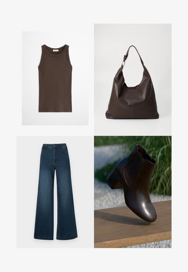 Dunkelbraunes, ärmelloses, figurbetontes Tanktop mit rundem Ausschnitt, vor einem einfarbigen hellen Hintergrund dargestellt.; Dunkelblaue High-Waist-Jeans mit weitem Bein, Taschen vorne und Gürtelschlaufen auf weißem Hintergrund.; Braune Lederanlaufstiefel mit runder Zehenpartie und niedrigem Blockabsatz, ausgestattet mit elastischen seitlichen Einsätzen und einer glatten, glänzenden Oberfläche.; Zign by Zalando LEATHER - Shopping Bag - chocolate brown