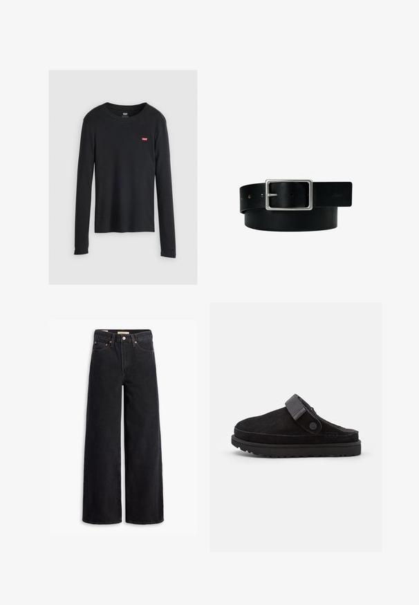 Sort langærmet skjorte lavet af bomuld, med rund hals og et lille rødt Levi's-logo på venstre brystområde. Struktureret stof.; Sorte brede benjeans lavet af denim, med fem lommer, kobbernitter og en klassisk knaplukning. Glat tekstur med et rent design.; Sorte ruskindssandaler med rund tå, blød tekstur, justerbar rem og en tyk gummisål med mønstret slidbane for godt greb.; Sort læderbælte med sølv rektangulært spænde og flere justeringshuller, lagt fladt på en hvid baggrund.