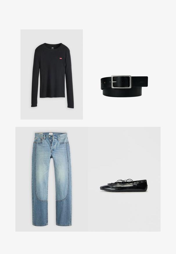 Sort langærmet skjorte lavet af bomuld, med rund hals og et lille rødt Levi's-logo på venstre brystområde. Struktureret stof.; Lyseblå denimjeans med en lige, løs pasform, der har kontrasterende paneldetaljer og en fem-lommer design. Knap-lukning.; Sort spids flad sko med snørebånd foran og øjet detaljer langs kanterne, vist på en hvid baggrund.; Sort læderbælte med sølv rektangulært spænde og flere justeringshuller, lagt fladt på en hvid baggrund.