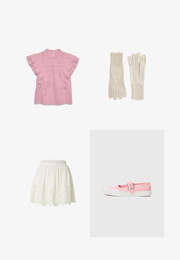 Blouse rose clair à manches courtes avec manches volantées, détails en dentelle et petit col volanté avec fermeture boutonnée au dos.; Jupe en coton blanc avec une taille froncée, ornée de découpes brodées délicates le long de l'ourlet dans un motif festonné.; Chaussure en toile rose avec semelle plate, dotée d'une sangle et d'une boucle au milieu du pied. Semelle en caoutchouc blanche au design épuré et simple.; Gants en tricot beige clair avec des poignets côtelés. Un gant présente un motif en zigzag ; l'autre est uni. Texture douce, adaptée aux temps froids.