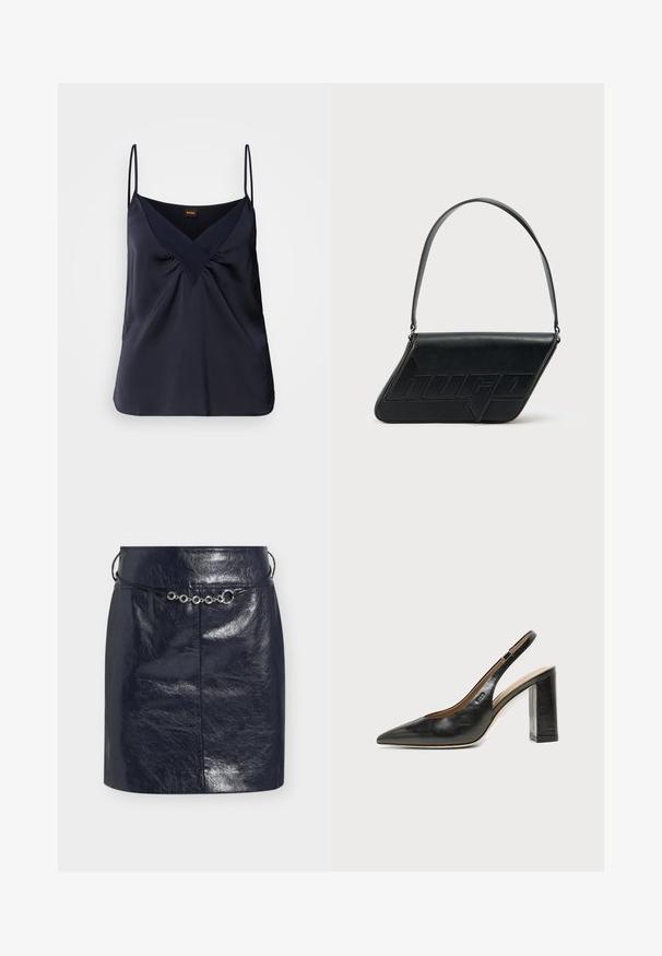 Camisole en soie navy avec de fines bretelles, décolleté en V et détails froncés au niveau de la poitrine ; texture lisse et coupe décontractée.; Mini-jupe en similicuir noir brillant avec une fine ceinture cordon noire ornée d'accents métalliques argentés circulaires à l'avant.; Chaussure slingback en cuir noir à bout pointu avec un talon bloc haut et une doublure intérieure beige sur un fond clair uni.; Sac d'épaule en cuir noir de forme triangulaire, avec un logo embossé et une seule bandoulière réglable. Design minimaliste avec une texture lisse.