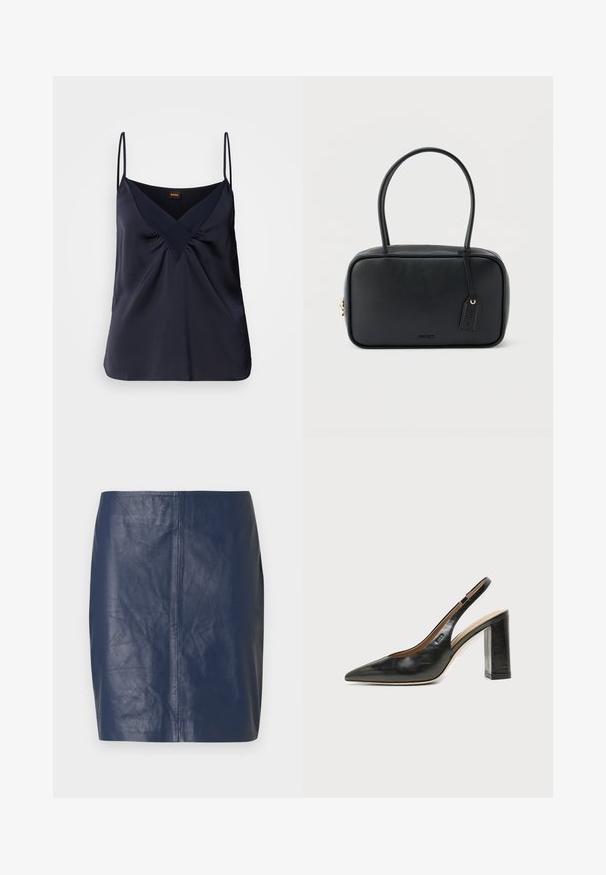 Marineblauwe zijden camisole met dunne bandjes, V-hals en geplooide details bij de buste; een soepele textuur en een relaxte pasvorm.; Minirok van navyblauw leer met een gladde textuur, rechte snit en minimale stikdetails aan de zijkanten.; Zwarte leren slingback schoen met spits toelopend neusje, hoge blokhak en beige binnenvoering tegen een effen lichte achtergrond.; Zwarte rechthoekige handtas met dubbele afgeronde handvaten, gouden ritssluiting en geperst "HUGO" logo aan de voorkant met een aangehecht lederen label.