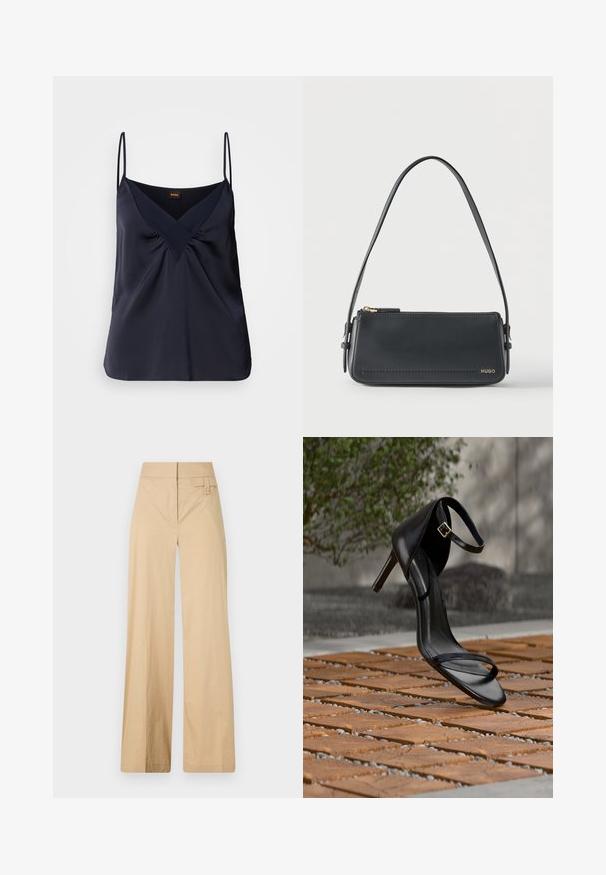 Marineblauwe zijden camisole met dunne bandjes, V-hals en geplooide details bij de buste; een soepele textuur en een relaxte pasvorm.; Beige wijde broek gemaakt van een katoenmix. Kenmerkt zich door een gladde textuur, een elastische tailleband en een zijknopdetail.; Zwarte hoge hak sandaal met enkelbandje zweeft boven een houten tegelvloer buiten, met een onscherpe groene en stenen achtergrond.; Zwarte rechthoekige lederen schoudertas met gouden ritssluiting en klein goudkleurig "HUGO"-logo aan de voorkant, voorzien van een verstelbare riem met gesp.