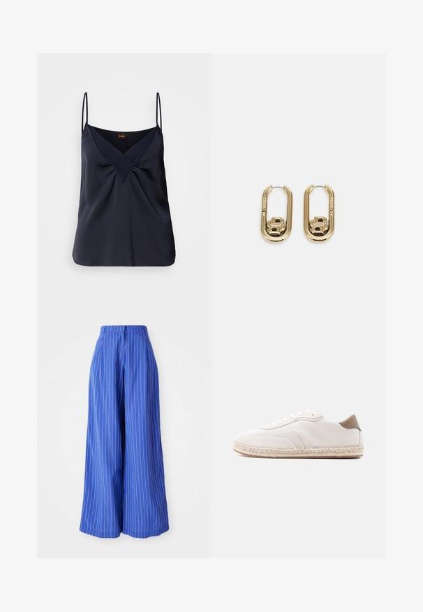 Marineblauwe zijden camisole met dunne bandjes, V-hals en geplooide details bij de buste; een soepele textuur en een relaxte pasvorm.; Brede broek in levendige blauwe stof met verticale witte strepen, met een hoge taille en een gladde textuur.; Witte sneaker met een bovenwerk van suède, beige accenten en een gevlochten juten zool. Voorzien van platte veters en een gebrandmerkt zijlogo.; BOSS DOUBLE B SWING - Oorbellen - gold-coloured