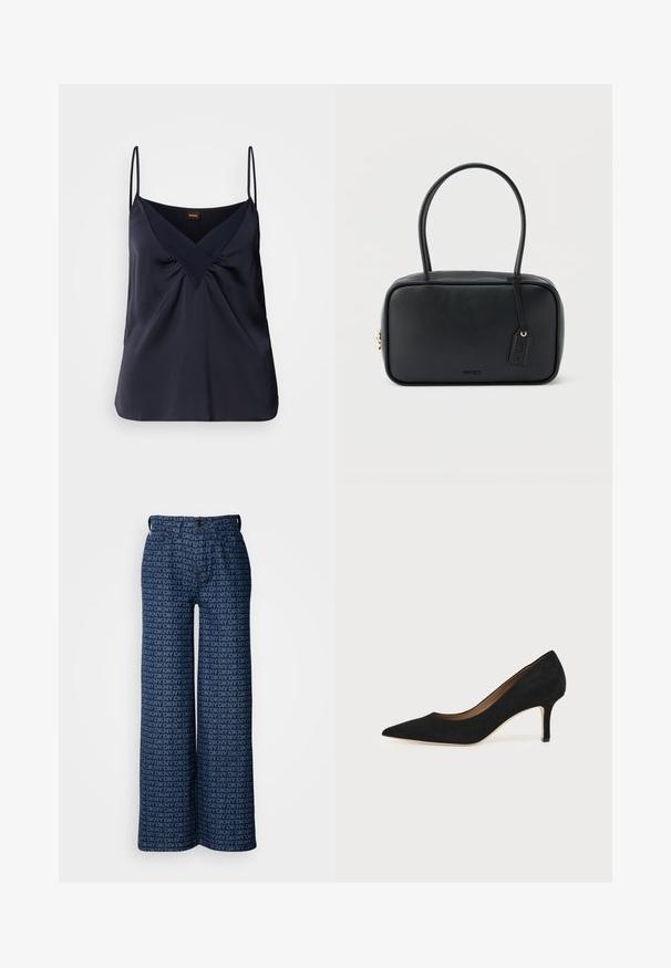 Camisole en soie navy avec de fines bretelles, décolleté en V et détails froncés au niveau de la poitrine ; texture lisse et coupe décontractée.; Pantalons en denim à jambes larges arborant un motif répété du logo DKNY en bleu marine et bleu clair, avec des poches avant et une fermeture à bouton.; Escarpin en daim noir à bout pointu avec un talon stiletto fin de hauteur moyenne et un design à coupe basse sur un fond uni.; Sac à main rectangulaire noir avec doubles poignées arrondies, fermeture éclair dorée et logo "HUGO" embossé sur le devant avec une étiquette en cuir attachée.