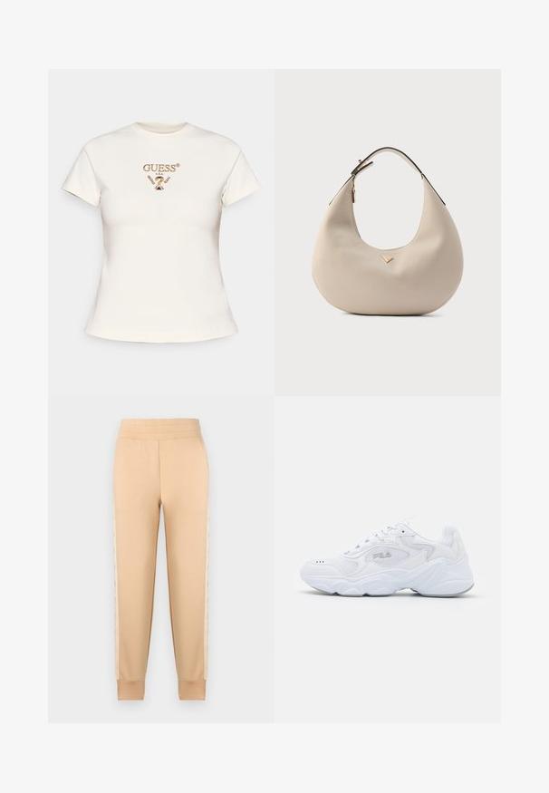 Camiseta blanca de manga corta hecha de algodón, con un logo bordado en dorado de "GUESS?" en el pecho y un diseño ajustado.; Pantalones de chándal beige con una textura suave, que presentan un diseño tapered, cintura elástica y paneles laterales estampados.; Zapatilla deportiva blanca con parte superior de malla texturizada, cuello acolchado y suela gruesa. Presenta un logo en el lateral y cierre con cordones.; Bolso hobo de cuero beige con textura suave, forma redondeada y una sola correa negra. Presenta un detalle de herrajes en tono dorado.