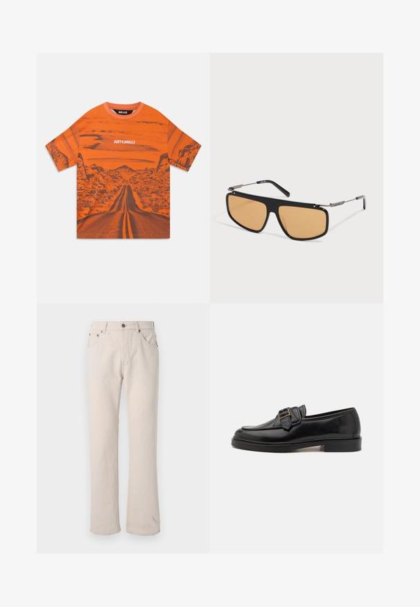 Orange bomulds t-shirt med et grafisk print af en ørkenvej med bjerge, korte ærmer og rund halsudskæring. "JUST CAVALLI" logoet er inkluderet.; Beige denim jeans med lige skæring, der har fem lommer, en knaplukning og diskrete syningss detaljer ved sømmene.; Sorte læder loafers med rund tå og en dekorativ spændeaccent. Flad, solid hæl og glat tekstur hele vejen igennem.; Solbriller med sorte stel, rektangulære orangefarvede linser og tynde metalstel, der hviler på en hvid overflade.
