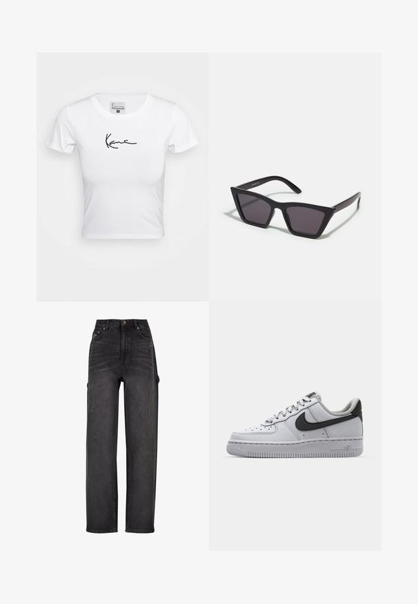 Weißes, kurzes T-Shirt mit kurzen Ärmeln aus weichem Baumwollmaterial. Es hat ein schwarzes Schriftlogo auf der Brust, einen runden Ausschnitt und eine taillierte Form.; Hochtaillierte Cargo-Jeans aus schwarzem Denim mit weit geschnittenem Design, seitlichen Taschen und subtilen Verwaschungen. Robustes Material und kontrastierender Stepp.; Weißes Leder-Sneaker mit grauen Akzenten, runde Zehenpartie, strukturierte Oberfläche, gepolsterter Kragen und kontrastierendes schwarzes Swoosh-Logo. Luftgepolsterte Sohle.; Schwarze, eckige Sonnenbrille mit grauen Gläsern; aus Kunststoff gefertigt, mit dicken Bügeln, die eine glatte Oberfläche und keine sichtbaren Beschläge haben.