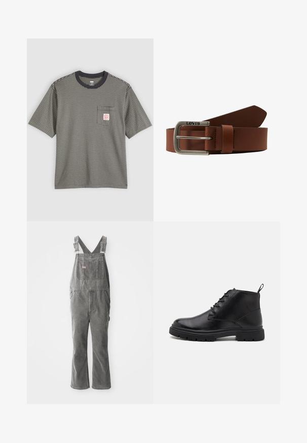 Kortærmet T-shirt med striber i grå og sort, lavet af bomuldsmateriale, har en rund halsudskæring og en lille brystlomme med et mærke.; Grå denim overaller med justerbare stropper, brystlomme foran, sidelommer og flagrende ben. Robust stof og afslappet pasform for komfort.; Sorte læder ankelstøvler med snørebånd foran, tekstureret sål og træktabs. Rund tå og robust gummisål, der forbedrer trækkraften.; Brun læderbælte med en sølv rektangulær spænde, der har et logo og stikninger, der bliver smalere mod enden.