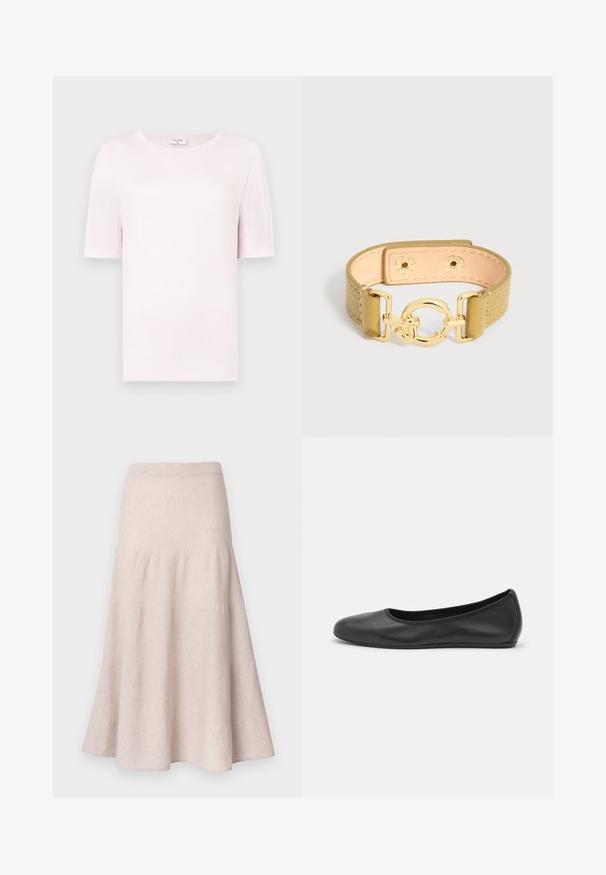Lichtroze T-shirt met korte mouwen van zacht materiaal, met een ronde halslijn en een eenvoudig, recht gesneden ontwerp. Minimalistische stijl.; Lichtbeige uitlopende rok van zachte stof, met een hoge taille en een geplooid ontwerp met een vloeiende silhouet.; Zwarte leren ballerina met een ronde neus, gladde textuur, minimale stikdetails en een flexibele zoolontwerp.; Tanleren armband met een gestructureerd patroon en een gouden ronde sluiting die wordt vastgemaakt met twee drukknopen.