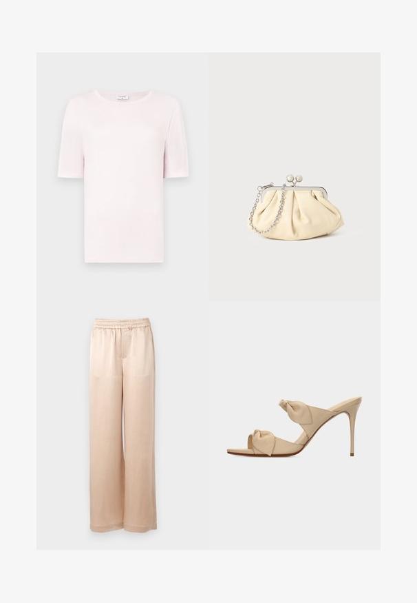 Helles rosa T-Shirt mit kurzen Ärmeln aus weichem Material, mit Rundhalsausschnitt und einem schlichten, geraden Schnitt. Minimalistischer Stil.; Helle beige weit geschnittene Hose aus glattem Stoff mit einem elastischen Bund und minimalen Nähten, gerade geschnitten und ohne Taschen.; Beige offene High-Heel-Pantoffel mit zwei verdrehten Knotenriemen und einem schlanken Stiletto-Absatz vor weißem Hintergrund.; Faltige beigefarbene Ledertasche mit einem silbernen Metallrahmen, ausgestattet mit zwei runden dekorativen Verschlüssen und einem silbernen Kettenriemen.