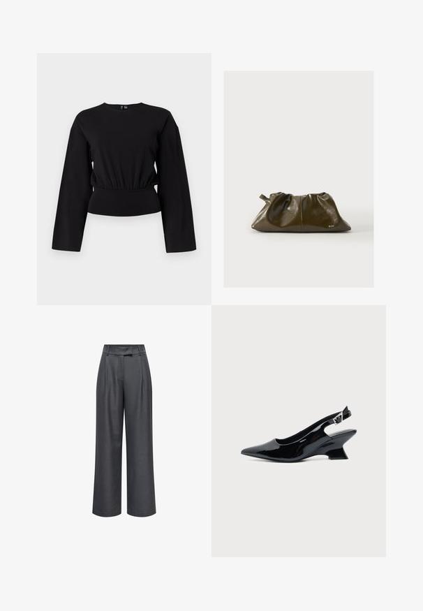 Haut noir à manches longues avec un col rond, une taille froncée et une coupe légèrement ample sur un fond clair uni.; Pantalon large taille haute gris foncé avec passants de ceinture, plis devant et fermeture avant dissimulée.; Chaussure slingback en cuir verni noir avec bout pointu et petit talon bloc incliné sur fond clair uni.; Pochette en cuir souple vert olive avec haut froncé et petite anse en boucle, arborant un subtil logo "RAID" sur le devant.