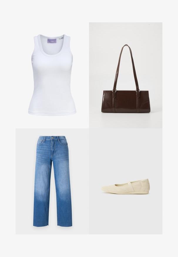 Débardeur blanc côtelé sans manches avec encolure dégagée et petite étiquette de taille à l'intérieur du col.; Jean en denim bleu clair à jambe large, avec cinq poches, un zip sur le devant et un léger délavage sur les cuisses. Finitions propres.; Ballerines beiges avec une exterior en cuir lisse, un bout en forme d'amande et une sangle élastique sur le coup de pied, avec des détails de couture subtils.; Sac à main en cuir verni marron de forme rectangulaire, avec deux longues poignées et des accents courbés subtils à l'avant.