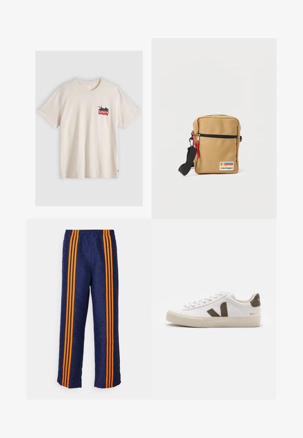 Beige lyhythihainen T-paita, jossa pieni punainen Levi's-logo ja vihreä lehtikuvio vasemmalla rinnalla.; Laivastonsiniset housut, joissa on kauttaaltaan kuvioitu pinta ja kolme vahvaa oranssia raitaa kummallakin sivulla. Vyötäröllä joustava nauha.; Valkoiset nahkakengät vaaleanbeigeillä kumipohjilla. Varustettu ruskealla mokkanahalla V-logolla ja kantapäällyksellä. Nauhakiristys, jossa on karhea pinta.; Pieni vaaleanruskea olkalaukku mustalla vetoketjulla, punaisilla vetoketjusulkimilla, säädettävällä mustalla hihnalla ja värikkäällä "montagne"-kankaalla edessä.