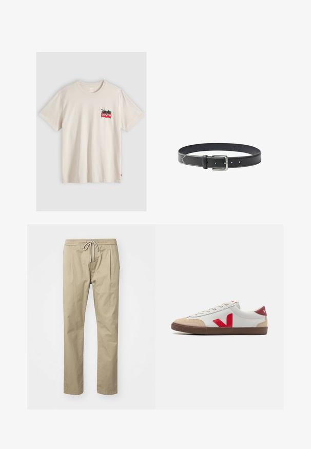 T-shirt beige à manches courtes avec petit logo rouge Levi's et motif de feuille verte sur la poitrine gauche.; Chinos beige en mélange de coton, dotés d'une taille élastique avec cordon de serrage et de plis latéraux pour plus de confort et de style.; Baskets en cuir blanc avec logo V rouge, capuchon en suède beige et semelle en caoutchouc marron. Présente un design classique à lacets et un col rembourré.; Ceinture en cuir noir avec une boucle rectangulaire argentée et plusieurs trous de réglage, présentée sur fond blanc.