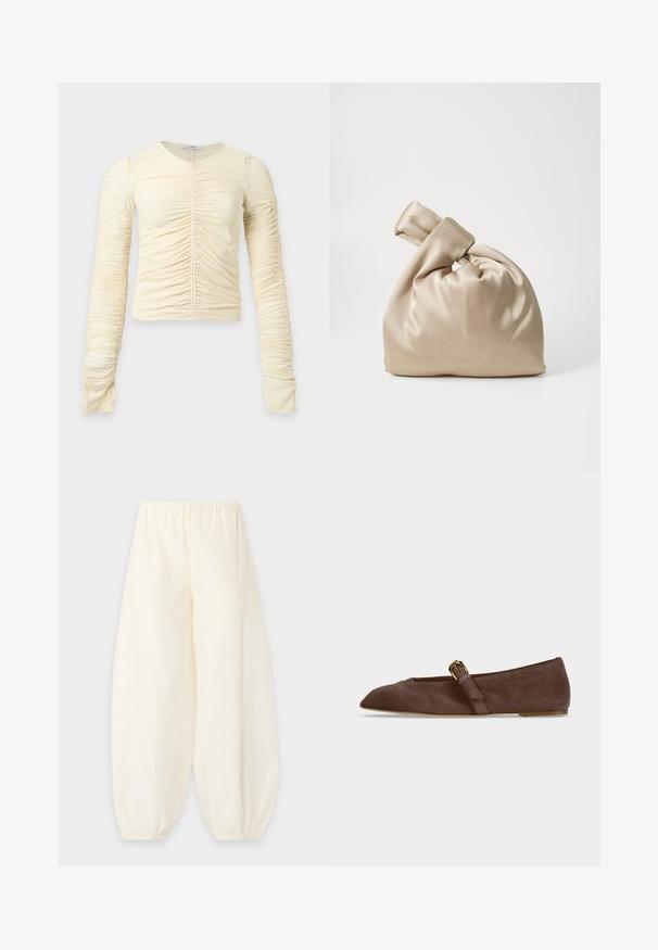 Cream-colored long-sleeve top with ruched detailing along the sleeves and center front, featuring a round neckline and fitted silhouette.; Loose cream-colored pants with an elastic waistband and gathered elastic cuffs at the ankles against a plain background.; Brown suede flat shoe with pointed toe and gold buckle strap on side, shown in side profile against white background.; Beige satin bag with knotted top, featuring a soft, smooth texture and a rounded shape, designed to be simple and elegant.
