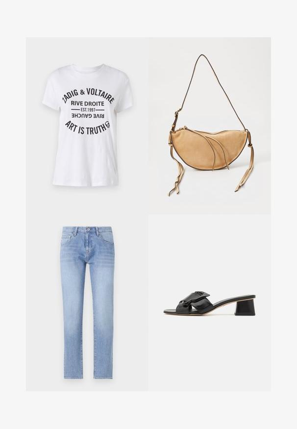 Witte katoenen t-shirt met gedurfde zwarte tekst met merknaam, locatie, oprichtingsdatum en slogan in een circulair ontwerp. Ronde hals.; Lichtblauwe denim jeans met een recht model, vijf-pocketontwerp en lichte wassing. Beschikt over een knoopsluiting en standaard ceintuurlussen.; Zwarte leren schuifsandalen met een brede band met kettingdetail, open teen en een geometrische hoge hak. Gladde textuur en minimalistisch ontwerp.; Tan suède tas met een gebogen halve-maanshape, voorzien van drie getextureerde kleppen en een verstelbare leren schouderband. Gouden ritssluiting.