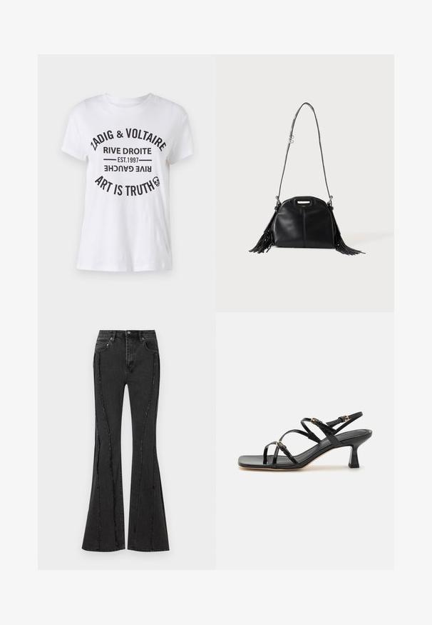 Weißes Baumwoll-T-Shirt mit fettem schwarzen Text, der den Markennamen, den Standort, das Gründungsdatum und den Slogan in einem kreisförmigen Layout zeigt. Rundhalsausschnitt.; Schwarze, weit geschnittene Jeans aus Denim mit distressed Design und sichtbaren Nähdetails. Verfügt über fünf Taschen und einen Knopfverschluss an der Taille.; Schwarze lackierte Riemchensandalen mit quadratischer Zehenpartie und niedrigem Blockabsatz. Ausgestattet mit vergoldeten Beschlägen und verstellbaren Knöchelriemen.; Schwarze Lederhandtasche mit langem Schulterriemen, kleinem oberem Griff und Fransen an beiden Seiten, vor einfarbigem Hintergrund gezeigt.