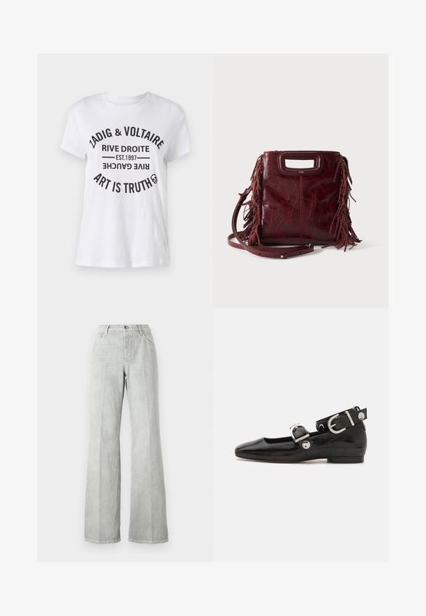 T-shirt en coton blanc avec un texte noir audacieux affichant le nom de la marque, le lieu, la date de création et le slogan dans une mise en page circulaire. Encolure ronde.; Jean évasé gris clair, en denim, avec une taille haute, un design à cinq poches et une finition épurée avec des détails de couture minimalistes.; Ballerine en cuir verni noir avec un bout carré, sangle de cheville avec des détails en métal argenté et semelle plate. Texture lisse avec un design minimaliste.; Sac à main carré en cuir bordeaux avec poignée découpée, détails de franges latérales et bandoulière réglable sur fond uni.
