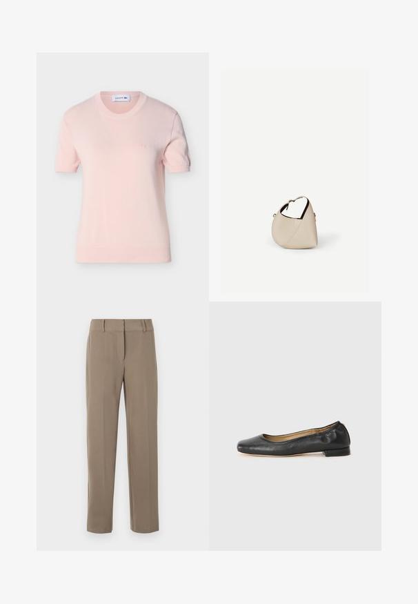 Haut tricoté à manches courtes rose clair avec encolure ronde et petit logo brodé sur le côté gauche de la poitrine, présenté sur un fond blanc.; Pantalon kaki droit avec passants de ceinture et fermeture éclair frontale sur fond blanc.; Ballerines en cuir noir avec un bout arrondi et des coutures minimales. Talon bas et rectangulaire avec une texture lisse. Détails subtils de doublure intérieure.; Sac à main en cuir beige en forme de croissant avec une seule bandoulière et des coutures minimalistes, posé sur un fond blanc uni.