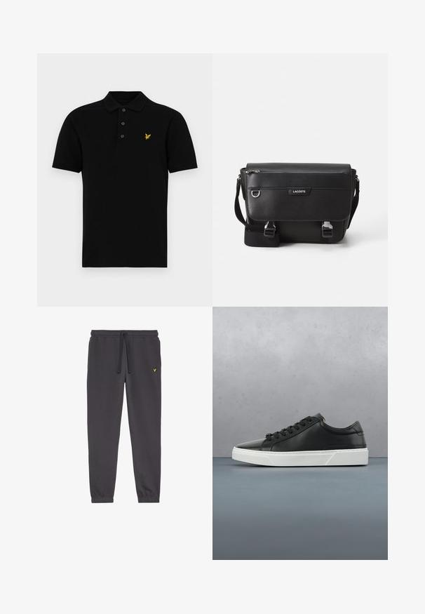 Sort poloshirt i bomuldsblanding med tre-knap lukning, korte ærmer og et lille gult emblem på venstre bryst.; Mørkegrå sweatpants lavet af blød stof, med en elastisk talje med snøre, afsluttede ankler og et lille gult logo på venstre lår.; Sorte lædersneakers med rund tå, tekstureret overflade, hvid gummisål og sorte snørebånd. Minimalistisk design med en slank profil.; Sort tekstureret Lacoste messengertaske med justerbar rem, frontklap, lynlås lomme og metalspænder.