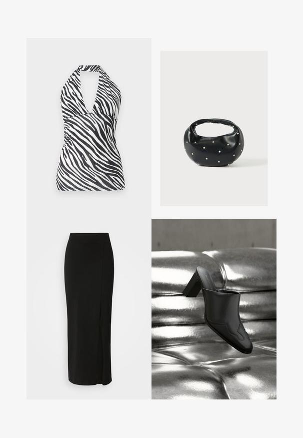 Haut dos-nu à imprimé zèbre noir et blanc avec un décolleté en V profond et une taille cintrée, présenté sur un fond clair uni.; Jupe noire, de longueur genou, fabriquée en tissu doux et extensible. Elle possède une taille ajustée et une fente sur le côté pour faciliter les mouvements.; Mule en cuir noir avec talon bloc reposant sur une surface argentée brillante capitonnée, mettant en valeur son design élégant et ses détails incurvés.; Sac à main en cuir noir de forme arrondie, décoré de clous argentés et équipé d'une poignée courte. Texture lisse et fermeture éclair.