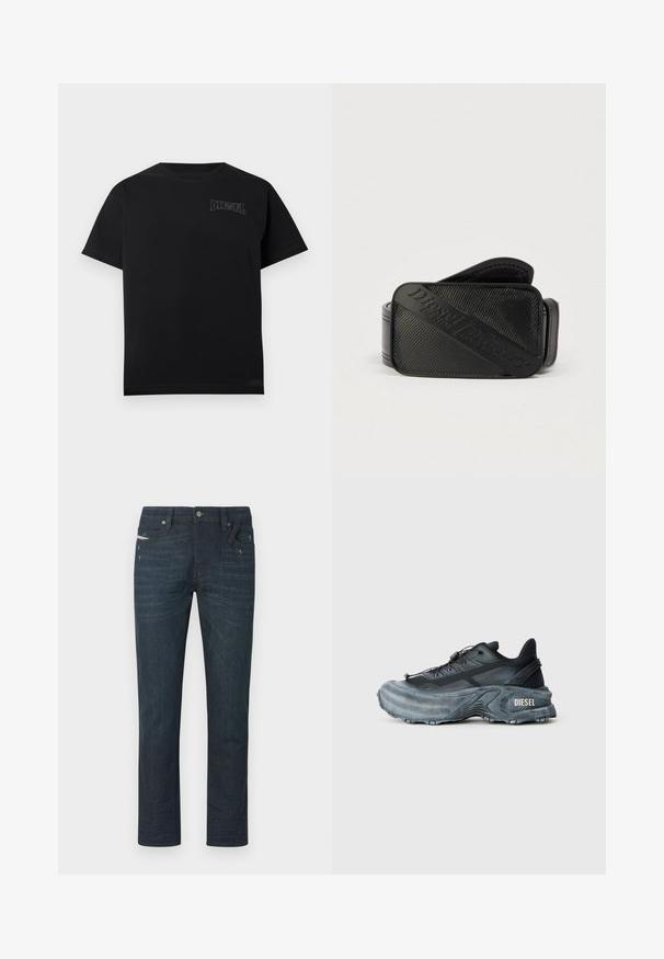 T-shirt en coton noir à manches courtes et col rond. Présente un logo "DIESEL" brodé en blanc sur le côté supérieur gauche.; Jeans bleu foncé à jambes droites avec un léger effet délavé et des détails d'usure, fermeture frontale par boutons, passants pour ceinture, et cinq poches visibles.; Baskets Diesel noires et grises avec semelle épaisse, système de laçage à bascule et design texturé sur fond gris clair uni.; Ceinture noire présentant un design texturé avec un logo en relief bien visible. Le matériau semble lisse avec une finition en cuir.