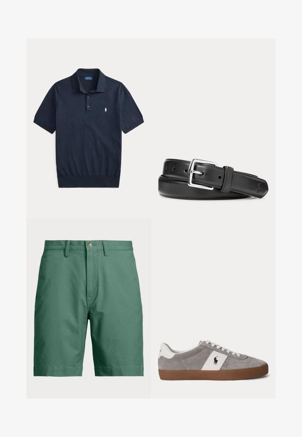 Marineblaues Poloshirt mit kurzen Ärmeln, Kragen, zwei Knöpfen und einem kleinen weißen gestickten Logo auf der linken Brust.; Grüne Baumwollshorts mit Knopfverschluss und Gürtelschlaufen. Einfaches Design mit geradem Schnitt und ohne sichtbare Muster oder Akzente.; Low-Top grauer Wildleder-Sneaker mit weißen Schnürsenkeln, weißer Ferse und Seitenpanel mit schwarzem Polo-Spieler-Logo und brauner Gummisohle.; Schwarzer Ledergürtel mit silberner rechteckiger Schnalle, aufgerollt auf weißem Hintergrund, mit dezent geprägt Logo an der Spitze.