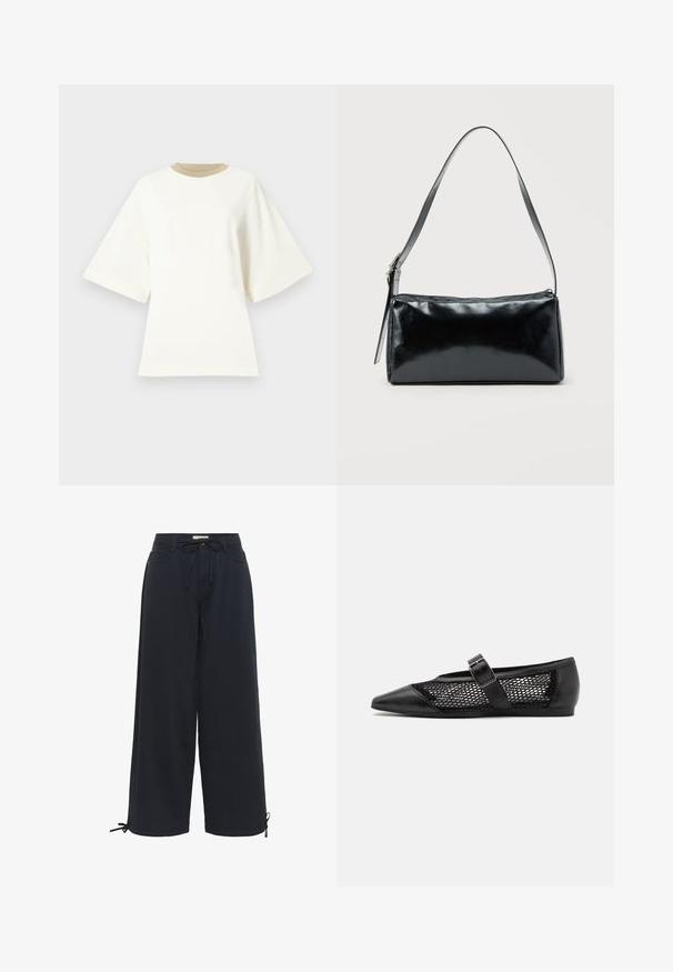 T-shirt blanc surdimensionné en coton avec un col rond beige et des manches courtes, présentant une texture lisse et douce.; Pantalon court large noir avec poches avant, taille à cordon et liens ajustables aux ourlets des chevilles.; Chaussure plate noire avec un bout pointu, panneaux latéraux en maille et une sangle avec une boucle décorative. Fini lisse sur les sections du bout et du talon.; Sac d'épaule rectangulaire noir avec une sangle réglable unique et une fermeture éclair supérieure sur un fond uni.