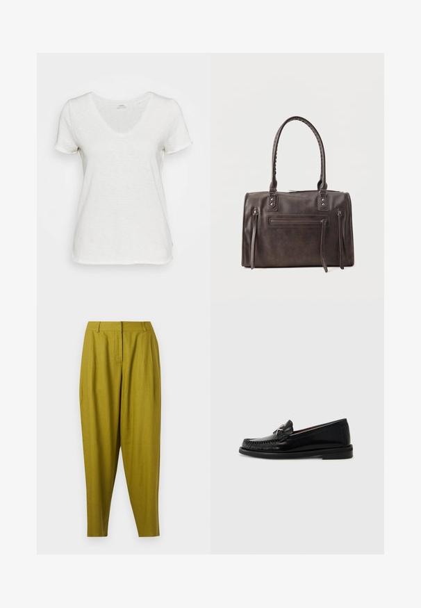 T-shirt blanc en V fabriqué à partir d'un tissu doux et texturé. Manches courtes et coupe décontractée sans motifs ou accents visibles.; Pantalon tapered taille haute vert olive avec plis sur le devant et passants de ceinture, présenté à plat sur un fond blanc.; Mocassins en cuir noir avec un design de type mocassin, caractérisés par un détail de couture au niveau des orteils et un petit accent métallique sur le côté. Semelle en caoutchouc plate.; Sac à main en cuir marron foncé avec double poignée, poche zippée avant et deux détails zippés verticaux sur les côtés, sur fond blanc.